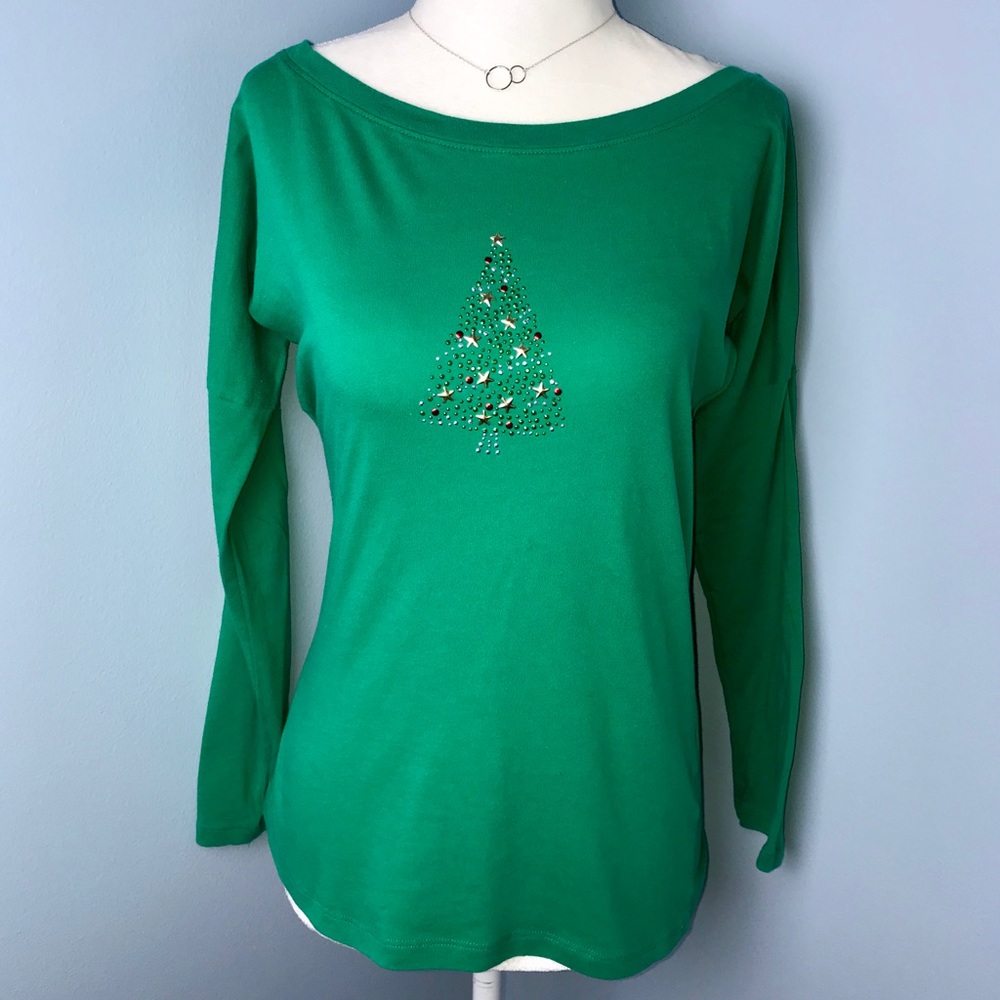 Embellished Christmas Tree Wide Scoop Neck Top